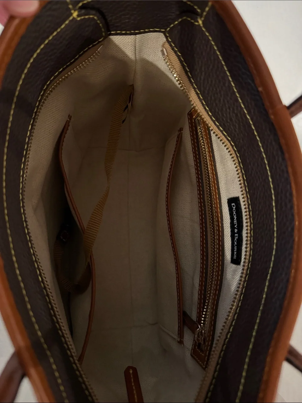 Dooney & Bourke Inspired Brown Leather Satchel with Tan Trim